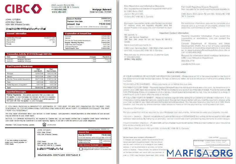Realistic Canada CIBC Bank mortgage statement, 2 pages, 1 2 scr download for verification